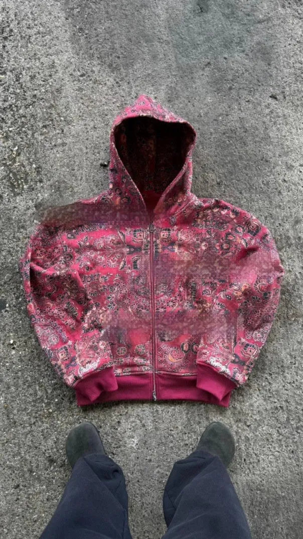 Men's loose fit hooded zip-up coat in polyester fabric with digital printing design