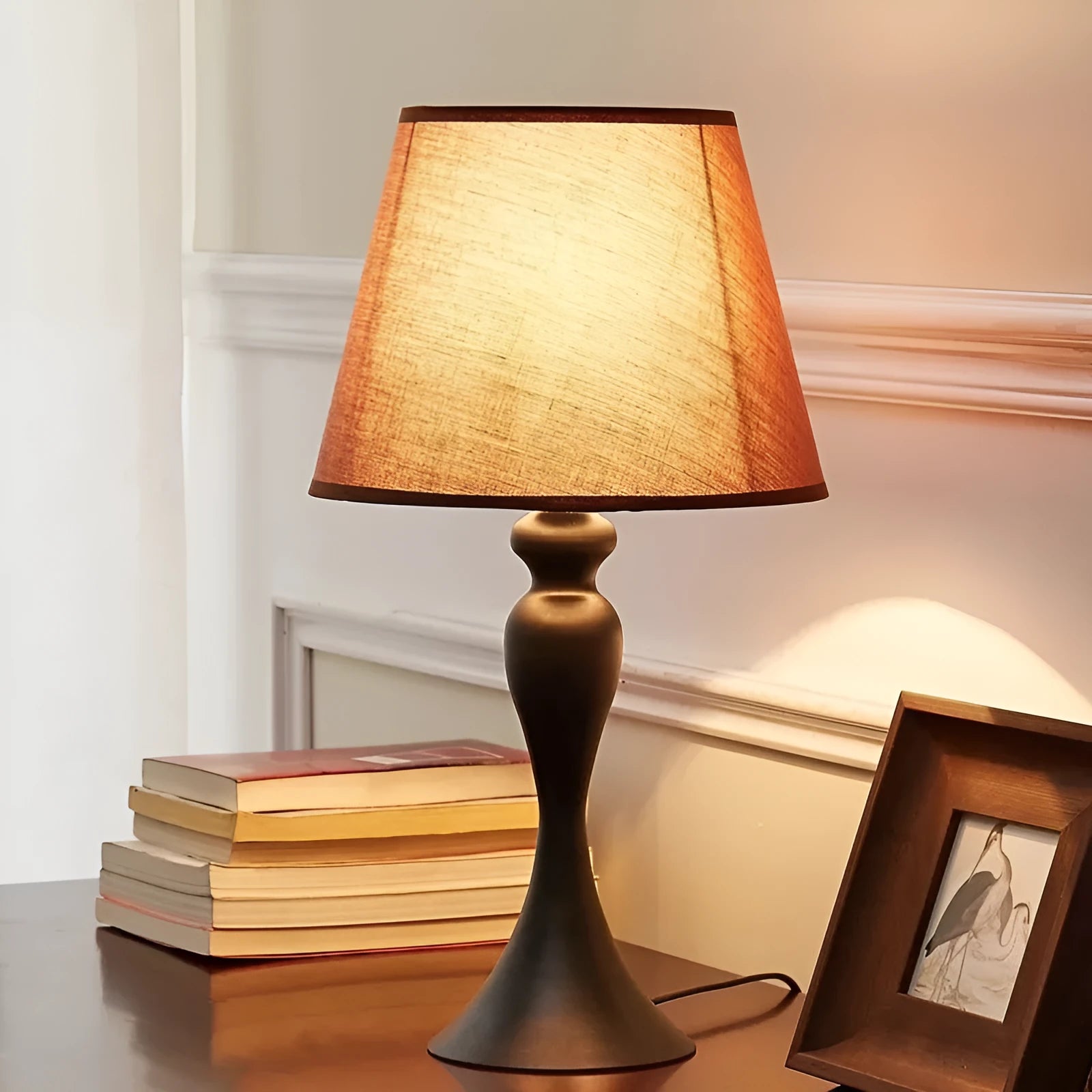 Retro alloy bedside lamp with dimmable LED lighting in American style with brown button details