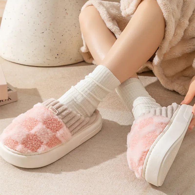 Women's plaid plush slippers with non-slip PVC sole in multiple colour options