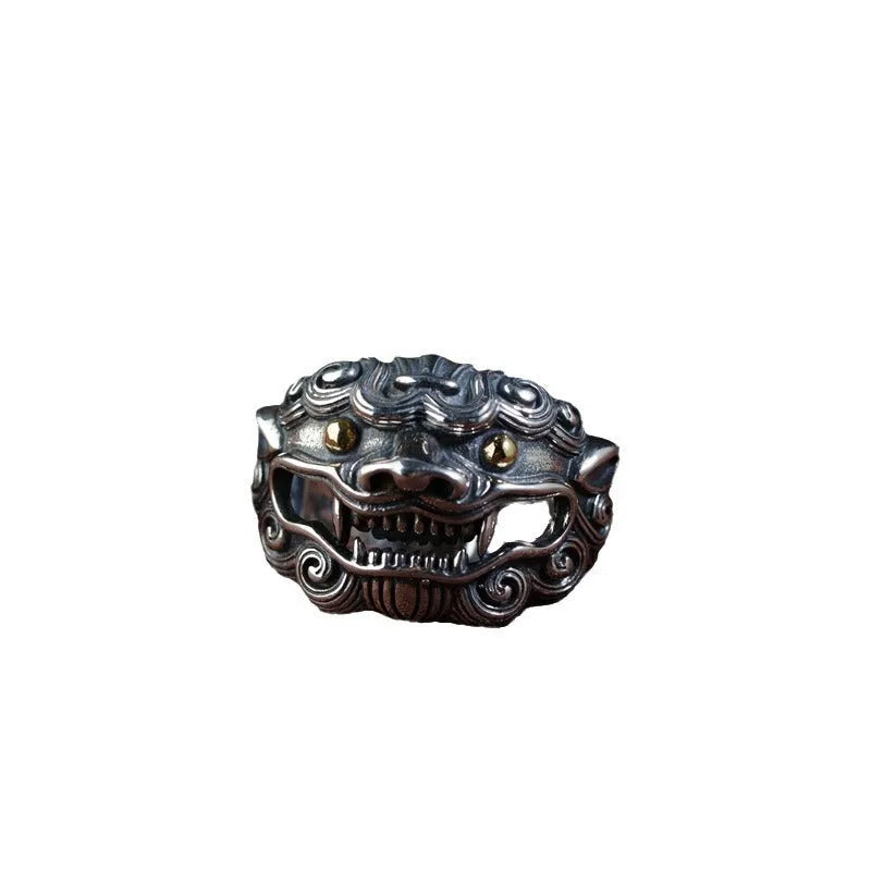 Silver open ring with detailed jibeast animal zodiac pattern showing adjustable retro design