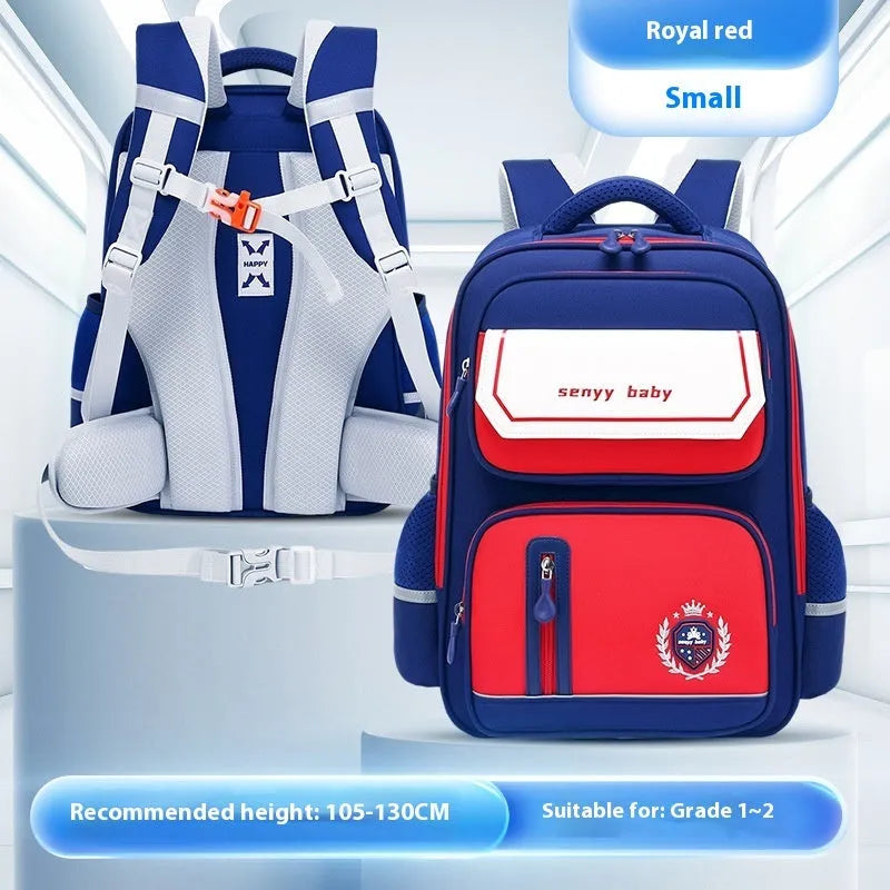 Children's spine protector backpack in blue, made of water-repellent Oxford cloth, size 38x30x15cm
