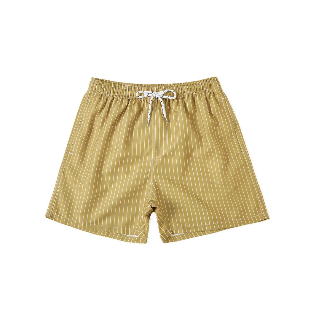 Striped triangle lining beach shorts in navy blue, grey, khaki and light blue colours with straight leg opening