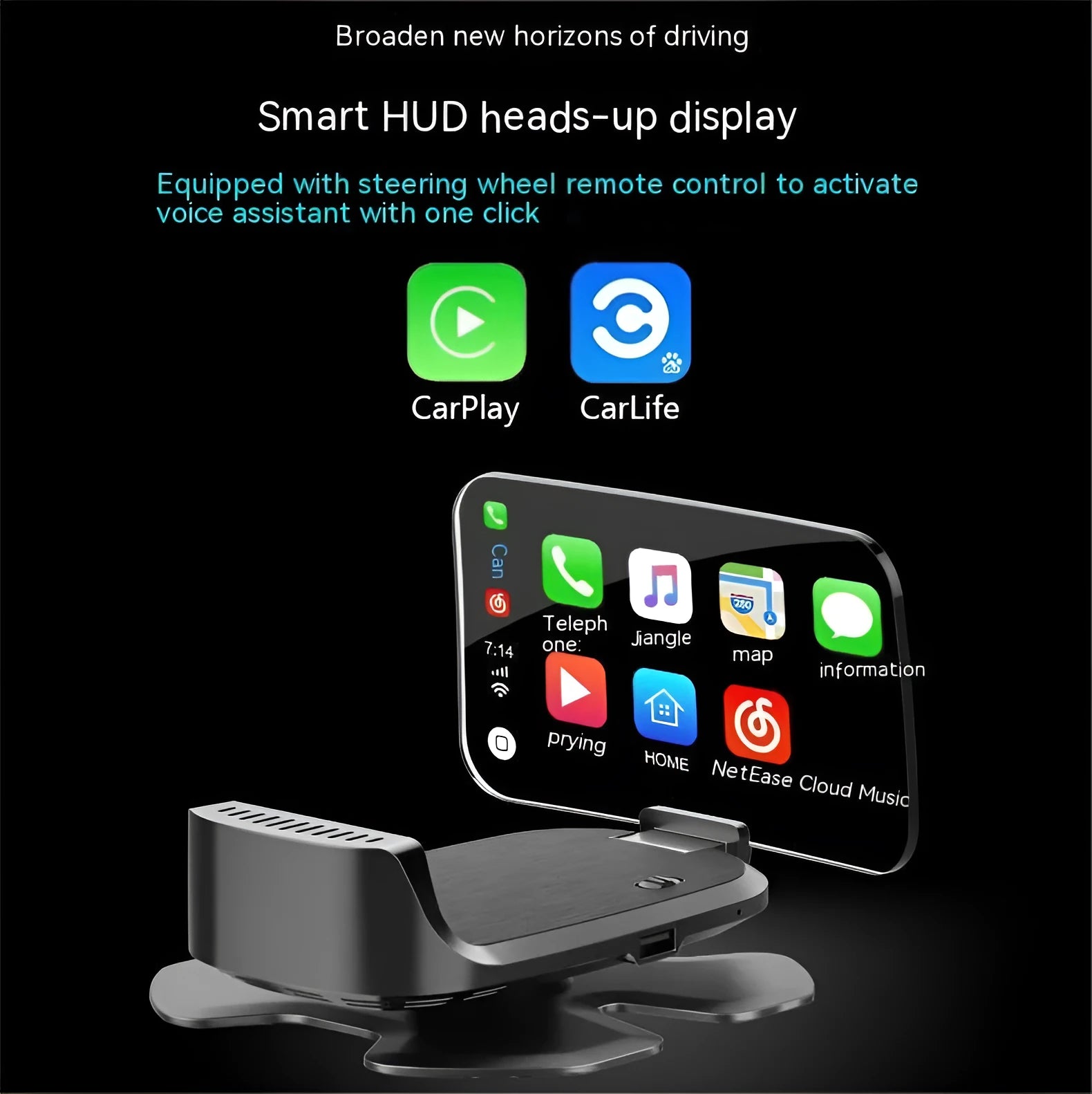 Black HUD head-up display with HD speed projection and OBD power cable for universal car fit