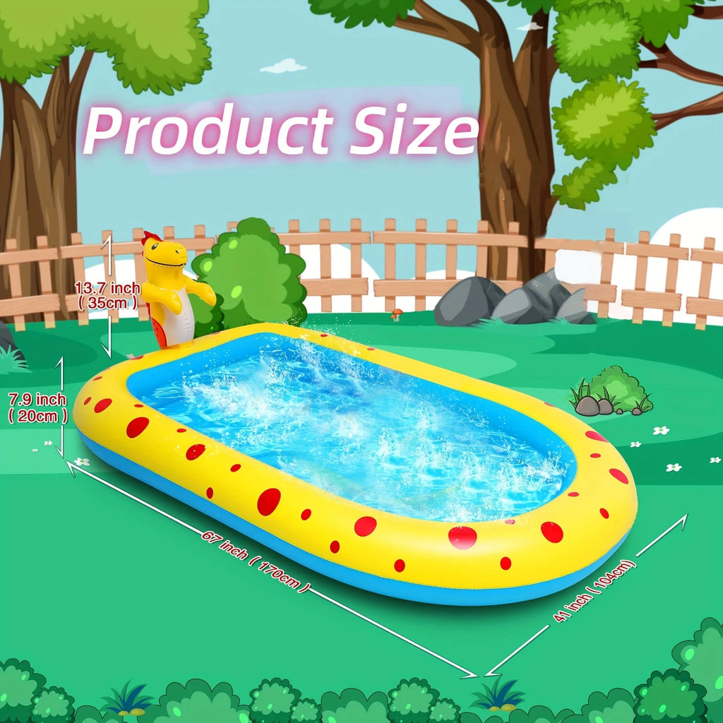 Blue inflatable dinosaur-shaped kids' pool with shark graphics and a water spray jet.