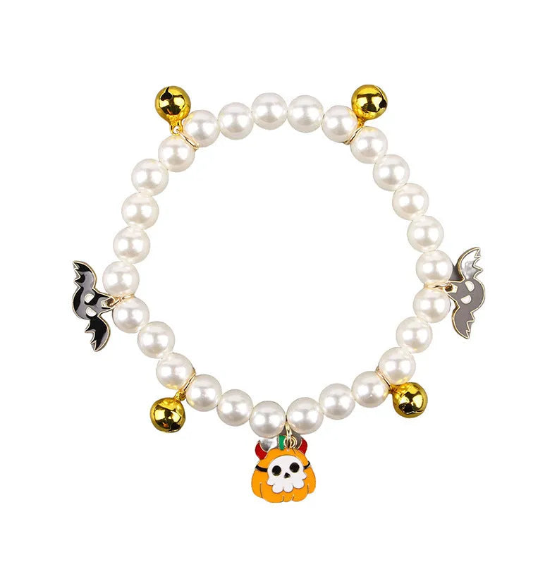 Simulated pearl Halloween cat collar with pumpkin and ghost decoration designs