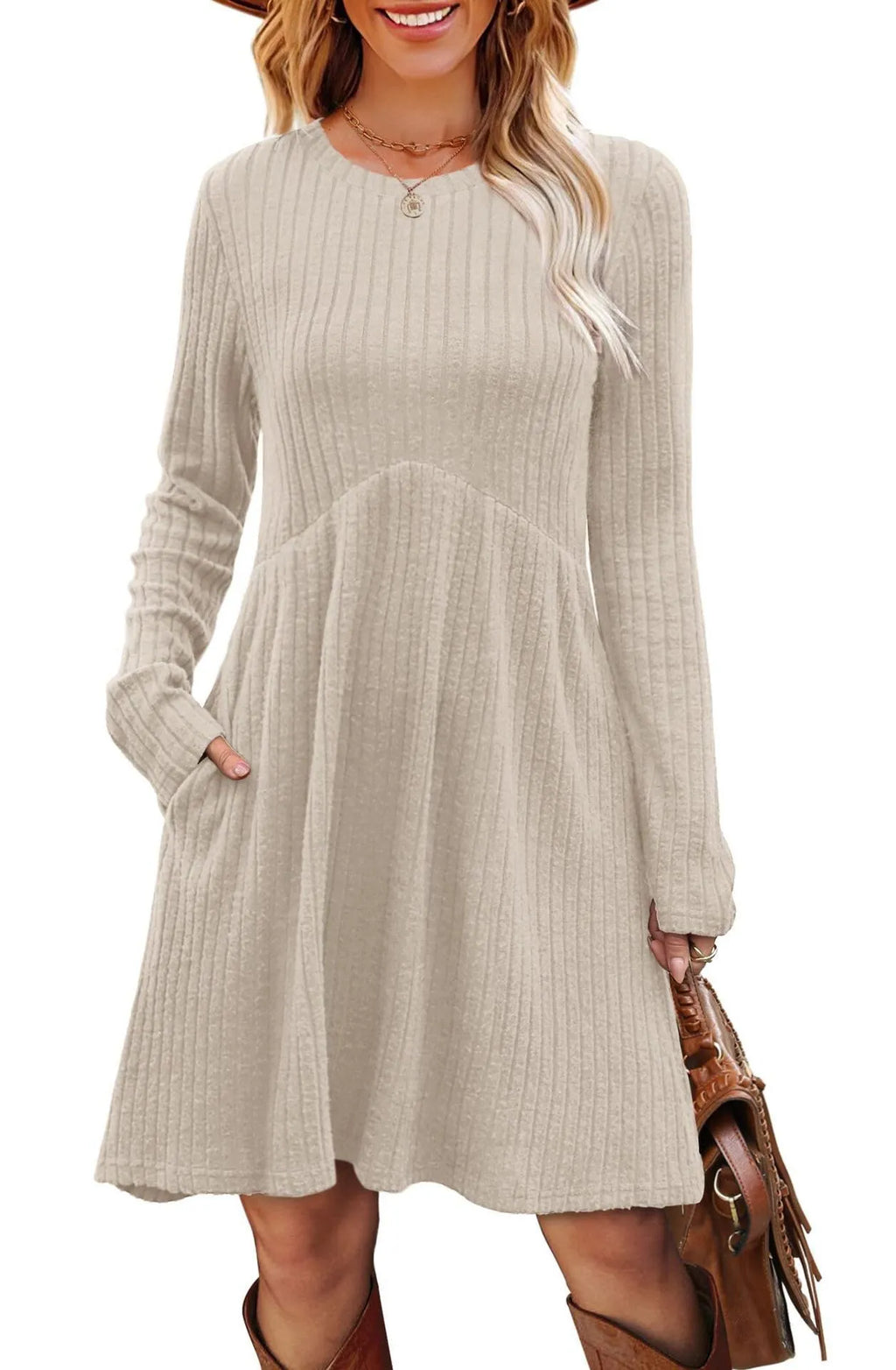 Women's bohemian brushed sunken stripe dress in solid colour, princess-style mid-length, wide waist, available in multiple colours