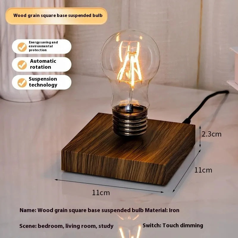Iron suspension bulb night lamp on black wood grain base for desktop decoration