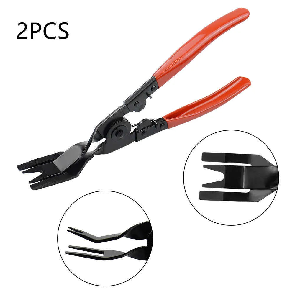 Red handle automotive door panel clip removal pliers for General Motors vehicles with light switch functionality
