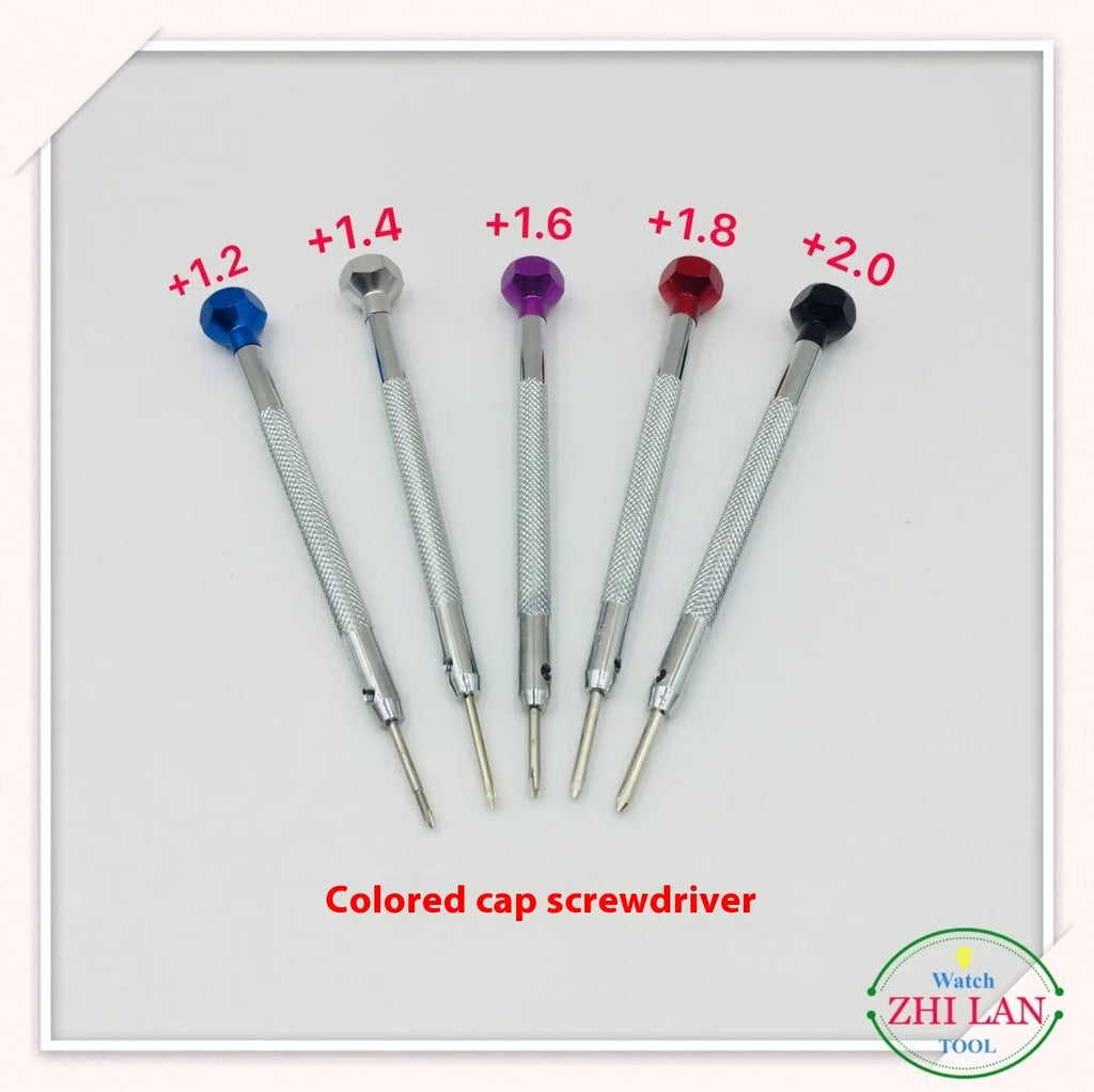 Set of six colour-coded aluminium handle screwdrivers and a meter tool for watch repair.