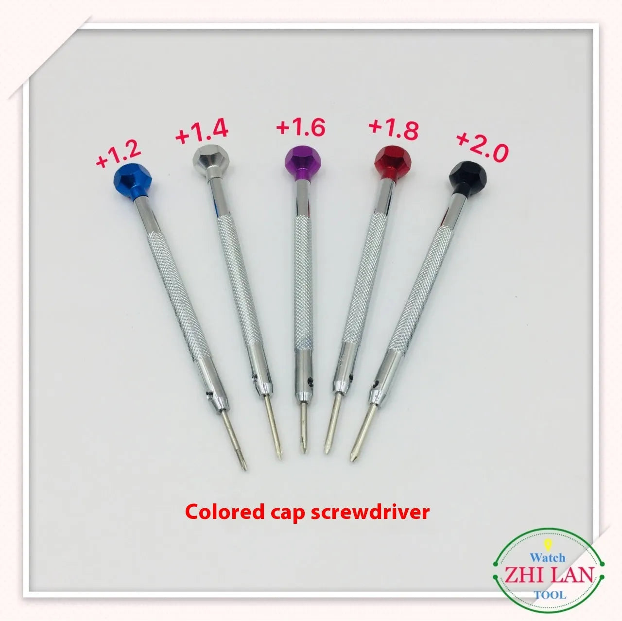 Set of six colour-coded aluminium handle screwdrivers and a meter tool for watch repair.