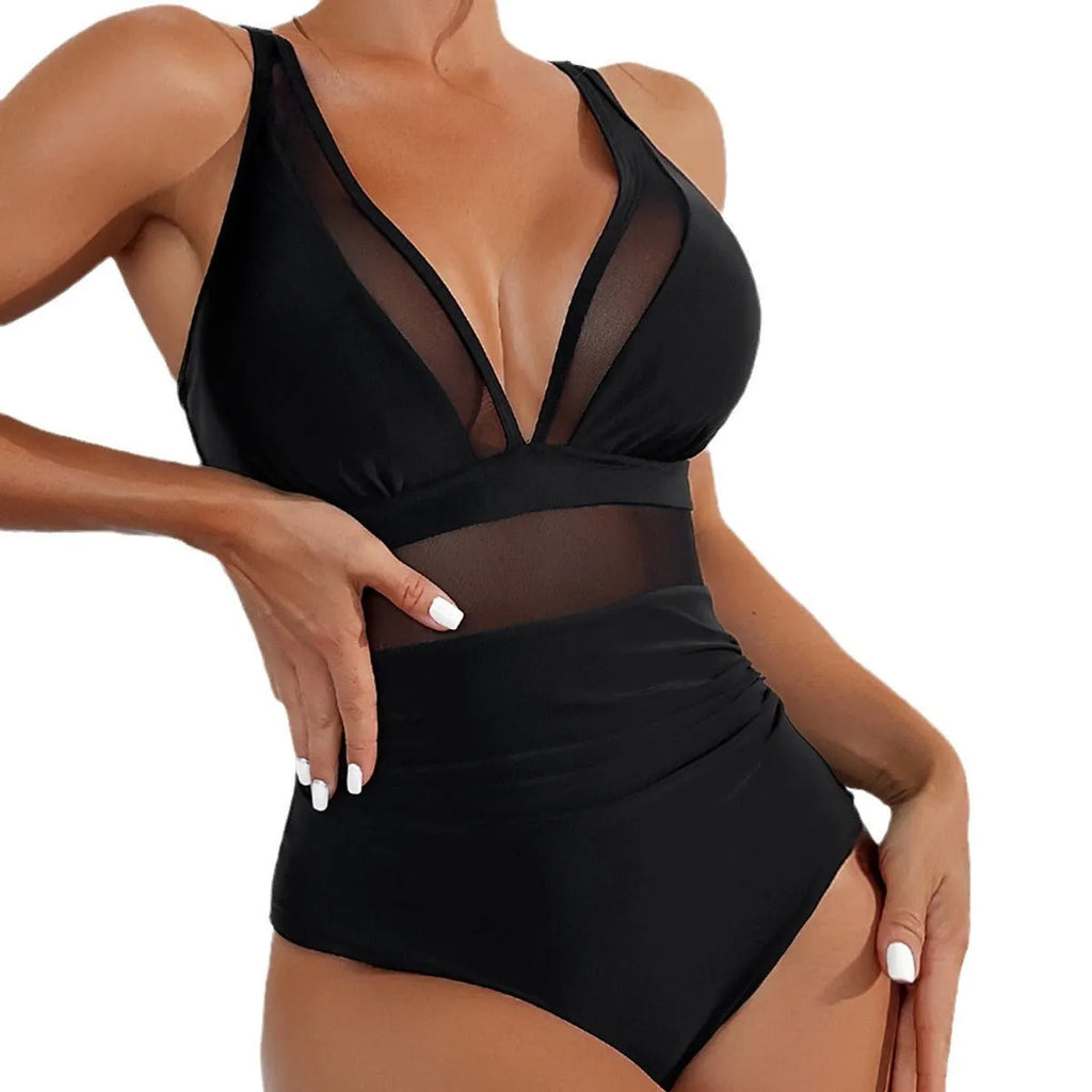 Black women's one-piece swimsuit with mesh halter detailing and sleeveless briefs style