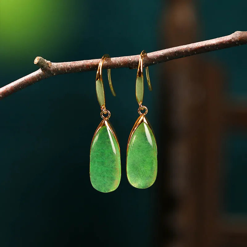 Retro Chinese-style geometric water droplet earrings in CP798 jade green colour on copper material