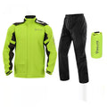 Motorcycle rain suit with split raincoat, trousers, hidden shoe covers and storage bag