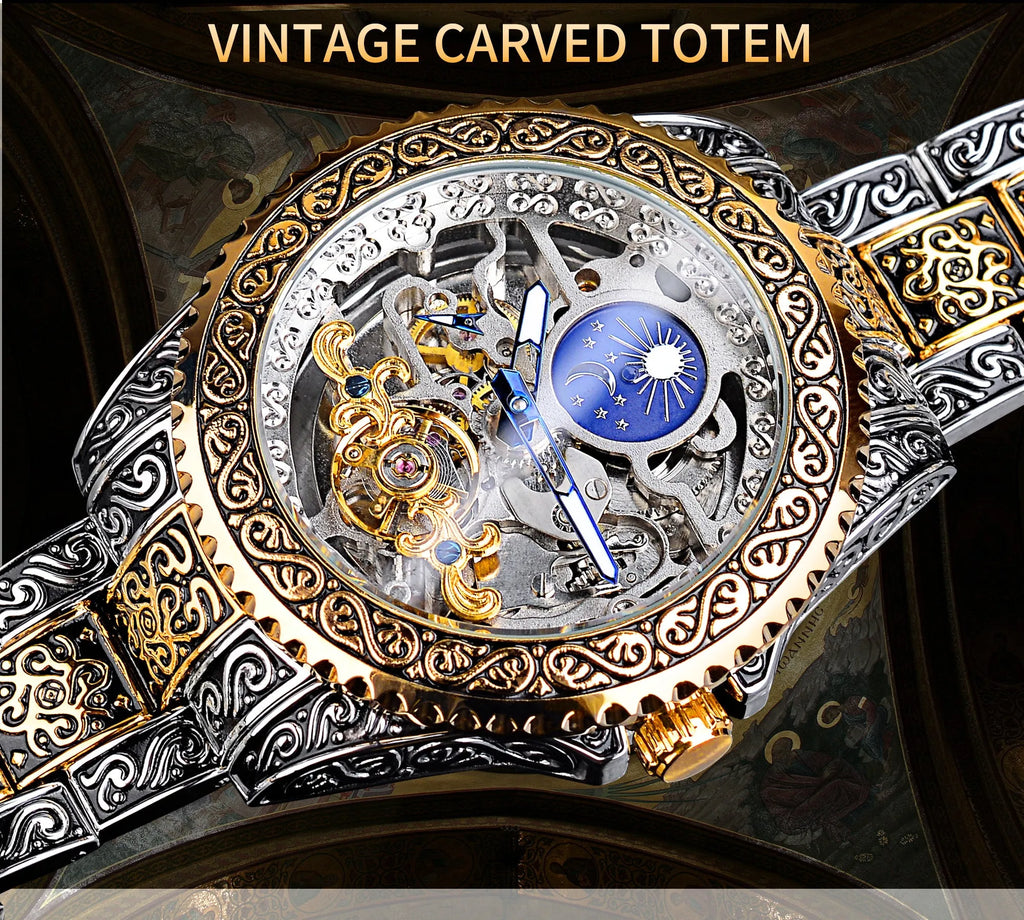 Forsining yellow gold tone skeleton tourbillon mechanical watch with automatic movement