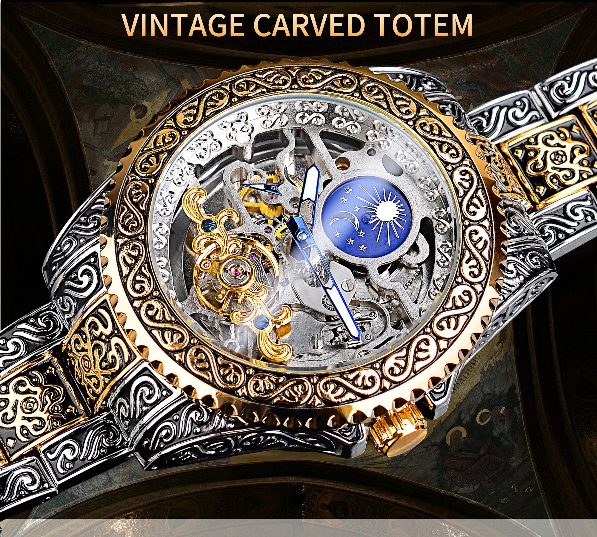 Forsining yellow gold tone skeleton tourbillon mechanical watch with automatic movement