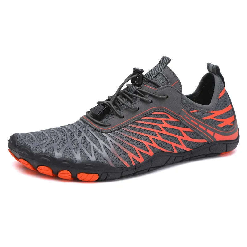 White and black lace-up outdoor sports shoes with a rubber sole on a plain background