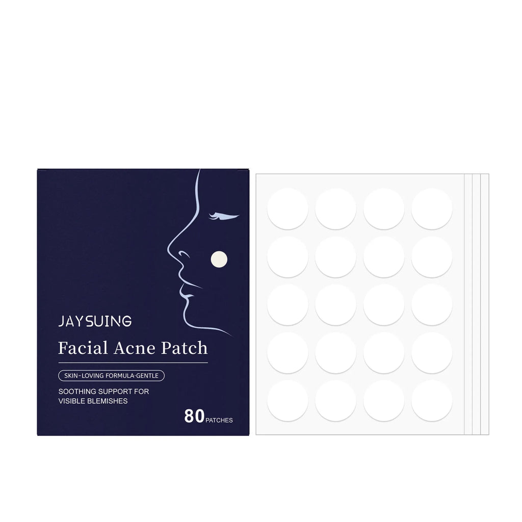 Pack of 80 transparent hydrocolloid acne patches for facial spot treatment.