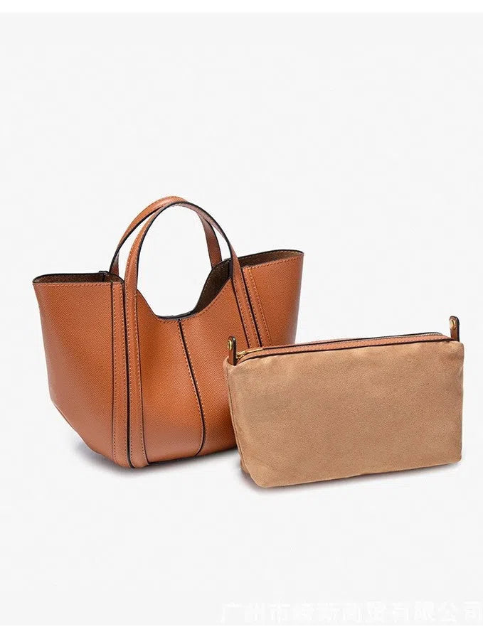 Bucket-textured PU vegetable basket tote bag for women with stitched seams, brown colour, single shoulder strap