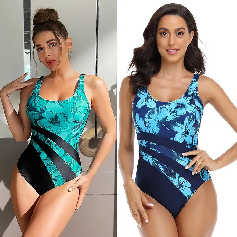 Women's conservative one-piece swimsuit with printed design in blue colour