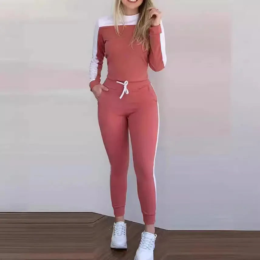Women's colour-block long sleeve casual suit with pockets, polyester fibre, black colour option, front view on model
