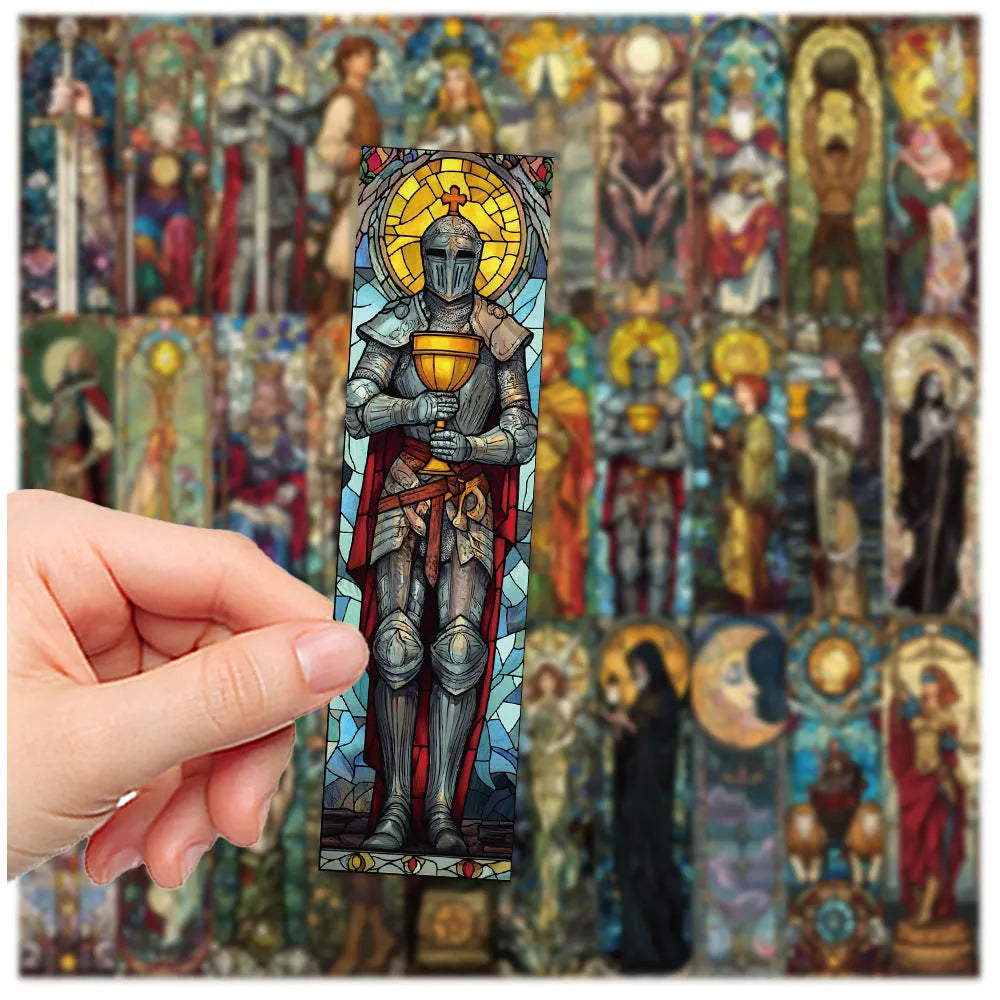 Set of 30 colourful painted glass tarot design paper bookmarks in a cute homemade style.