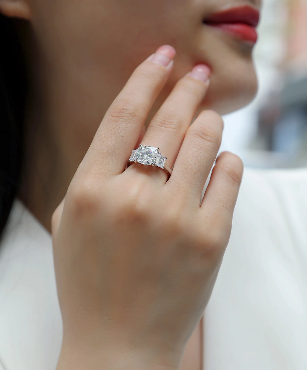 Moissanite wedding ring set with square 9x9mm stone in S925 silver and platinum plating