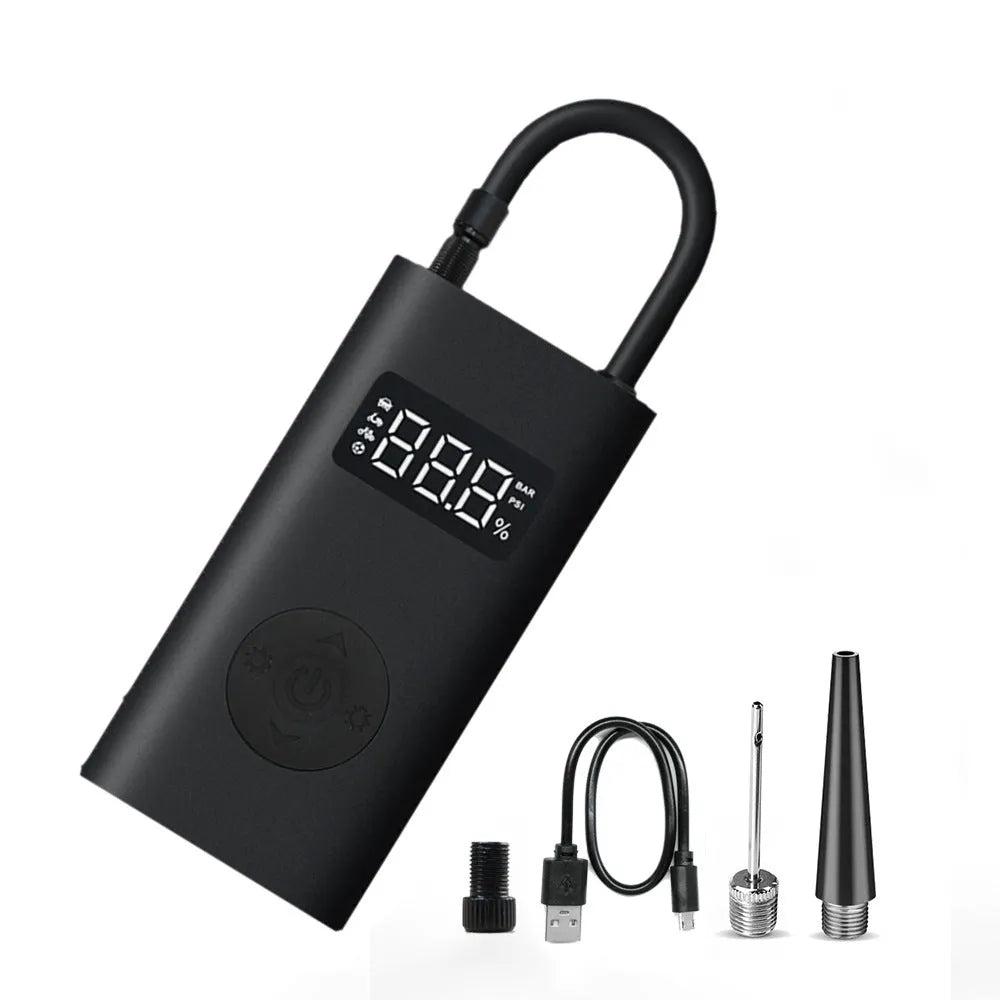 Black wireless car air pump with LED light and power bank function, 150psi, 25L/min airflow, USB charging, compact 127x71x45mm