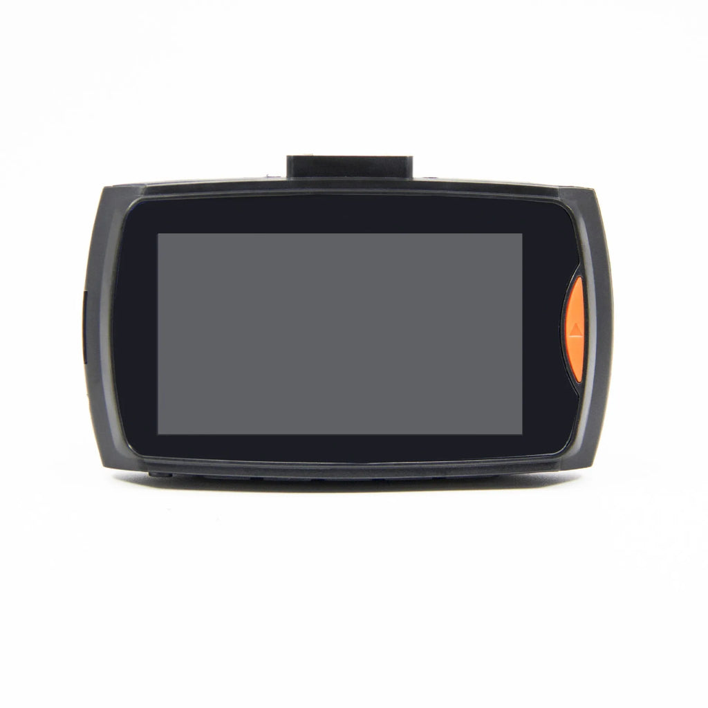 G30 HD dual camera car DVR recorder mounted on a car windscreen with front and rear camera views displayed