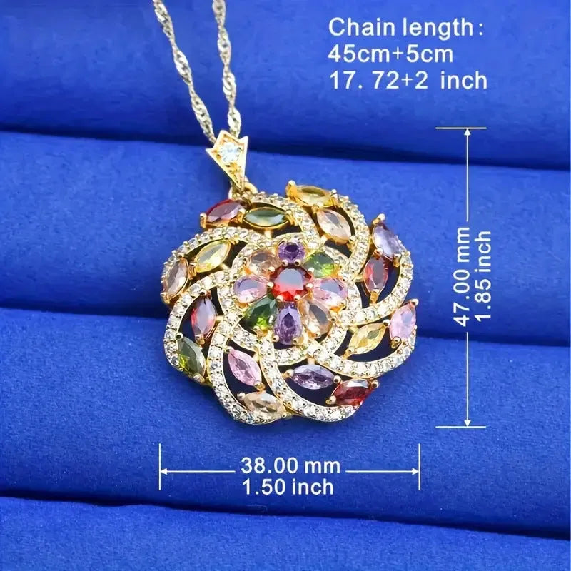 Colour zircon pendant necklace with gold plated copper flower shape and spiral design