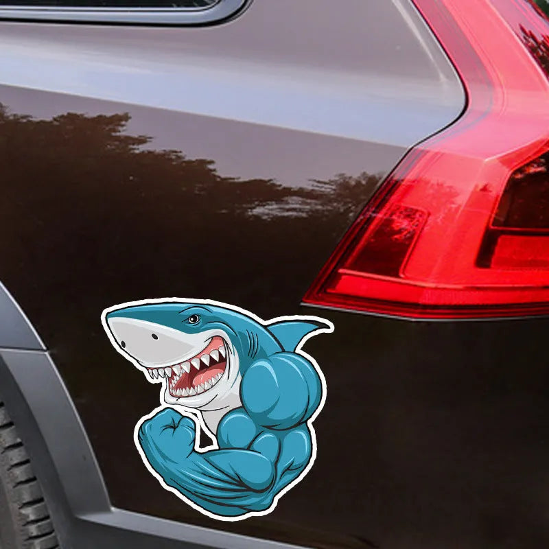 Creative bodybuilding shark 3D cartoon PVC bumper sticker 15x14cm reflective colour on car bumper