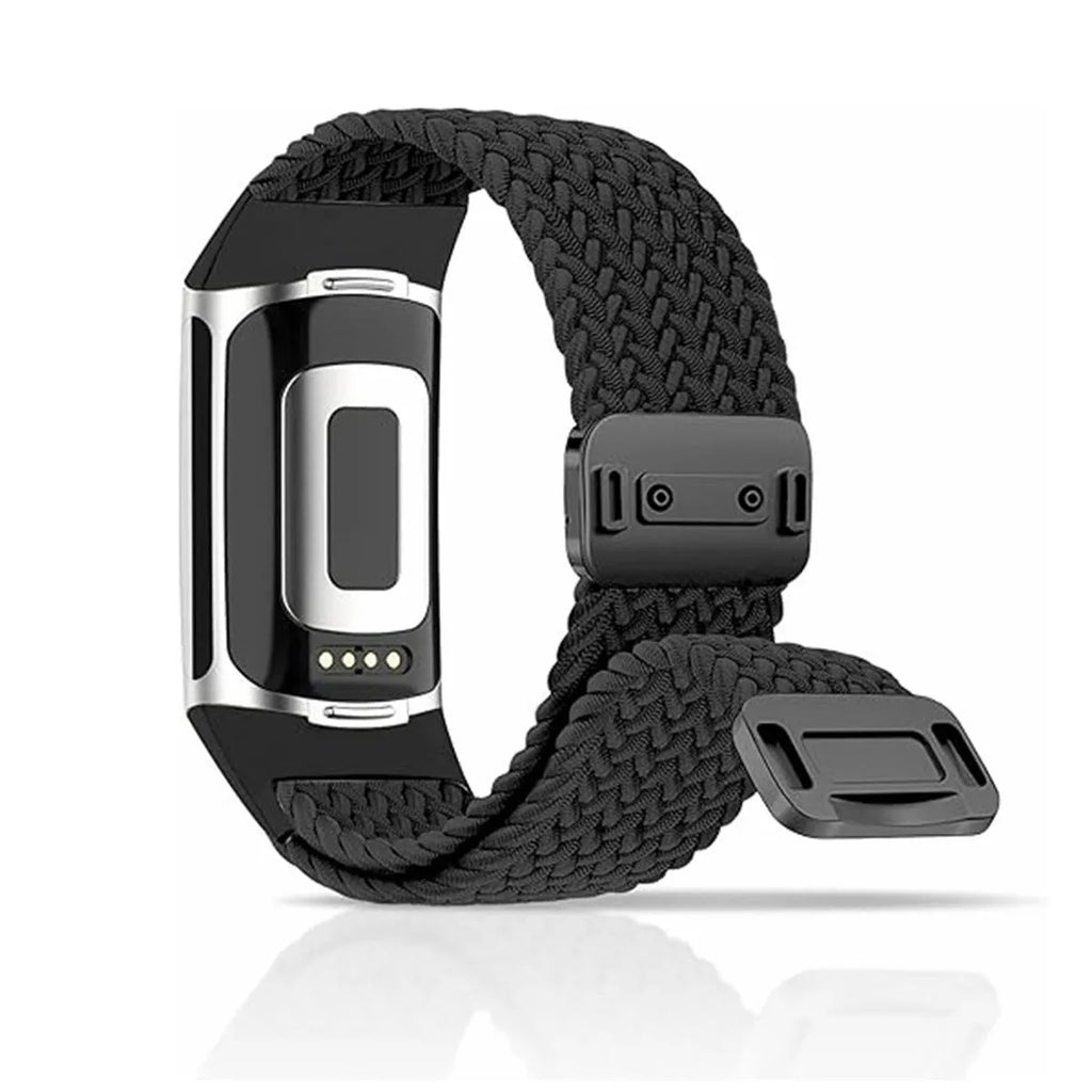 Woven elastic magnetic watch band in black for Fitbit Charge 5 with metal magnetic buckle and nylon strap