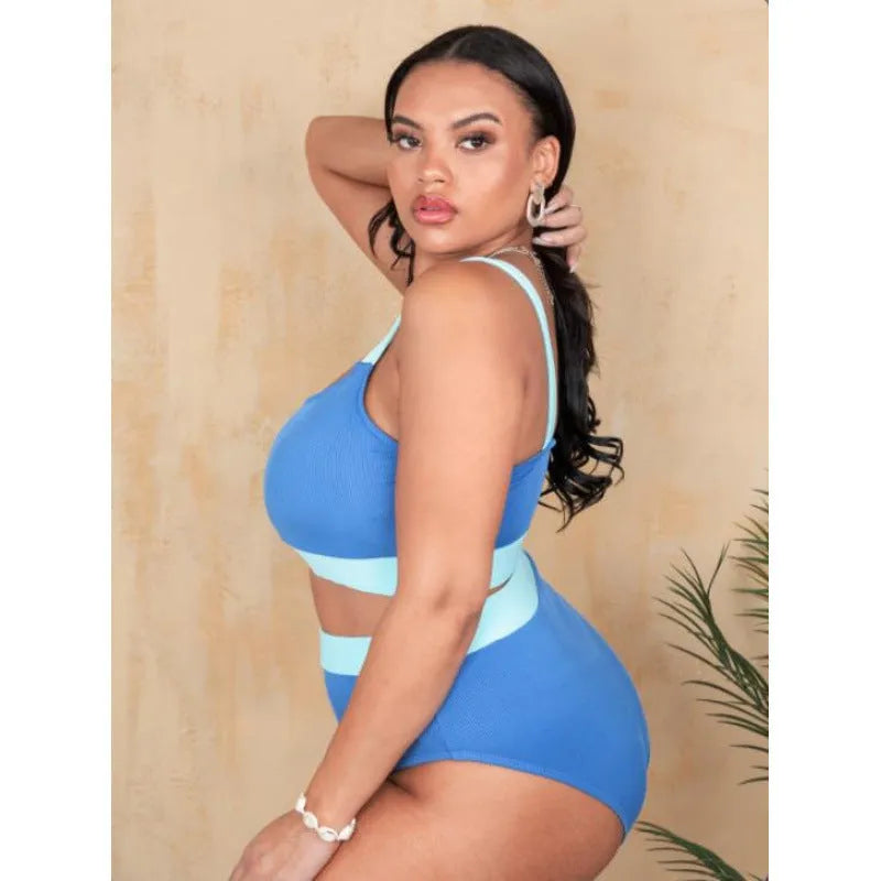 Women's solid colour high-waisted bikini set with split briefs on a white background.