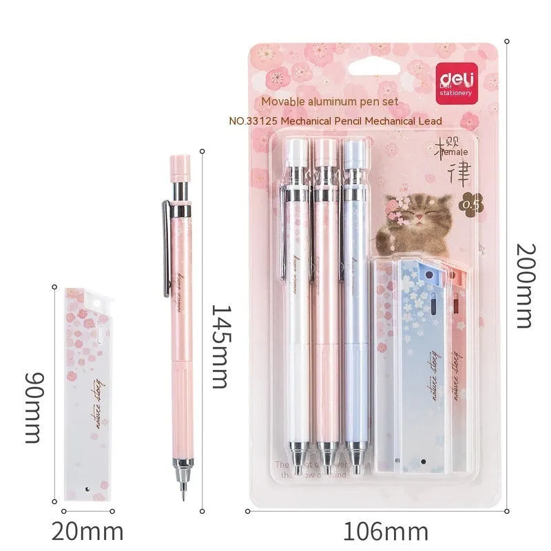 Mixed colour 0.5mm cartoon propelling pencils and HB refill boxes set on a white surface.