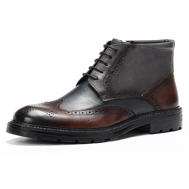 Men's curry blue cowhide leather brogue boots with front lacing and decorative stitching