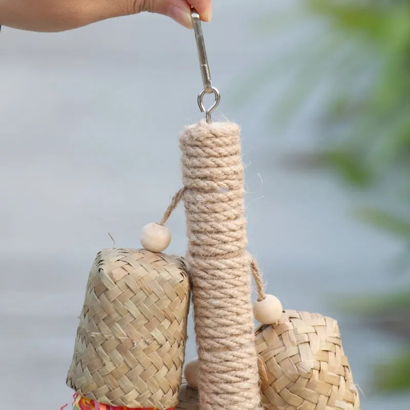 35cm sisal rope parrot chewing toy with wooden blocks and colourful shredded paper hanging from cage bars