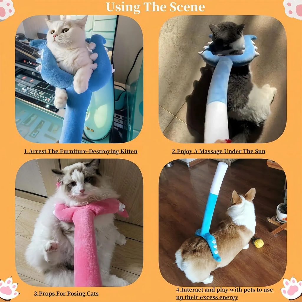Blue and pink plush cat wand toy with 70cm length for interactive indoor play