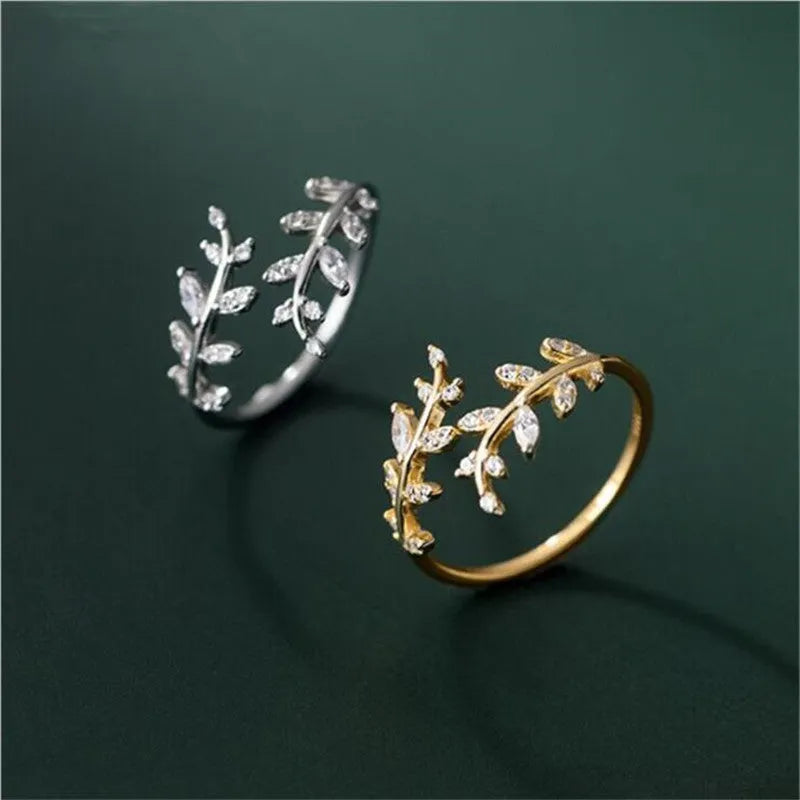 Women's leaf branch ring with geometric design in electroplated copper gold or silver finish
