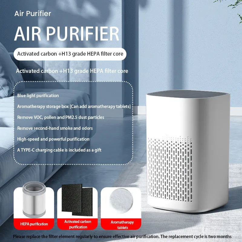 Simple style desktop air purifier and heater unit with USB power cable