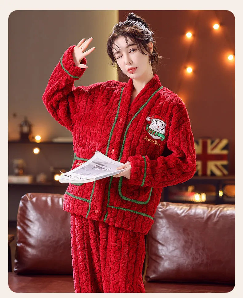 Winter women's flannel homewear set in red Christmas print with long sleeves and trousers on model