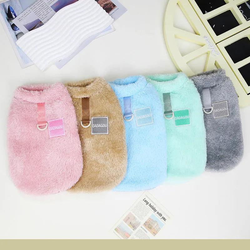 Coral fleece pet jacket with five-colour pull rings in blue for small dog or cat