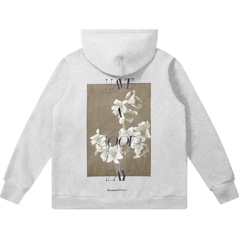 Men's hooded sweater with retro oil painting flower print in black floral grey, front view