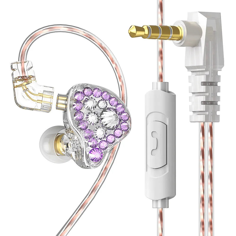 Girls' diamond-embedded HiFi ear loop 3.5mm wired earphones in pink with rear-wound cable and microphone