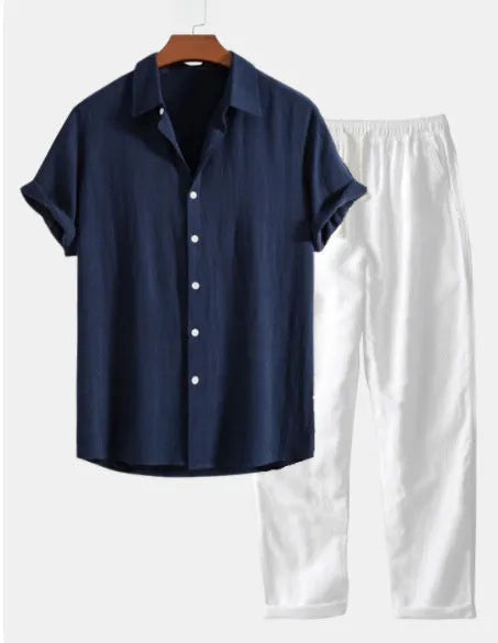 Men's casual beachwear suit in cotton linen blend with short sleeves and trousers, shown with coordinating glasses, shoes and watch