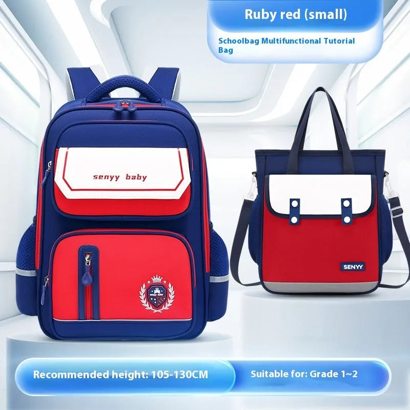 Children's spine protector backpack in blue, made of water-repellent Oxford cloth, size 38x30x15cm
