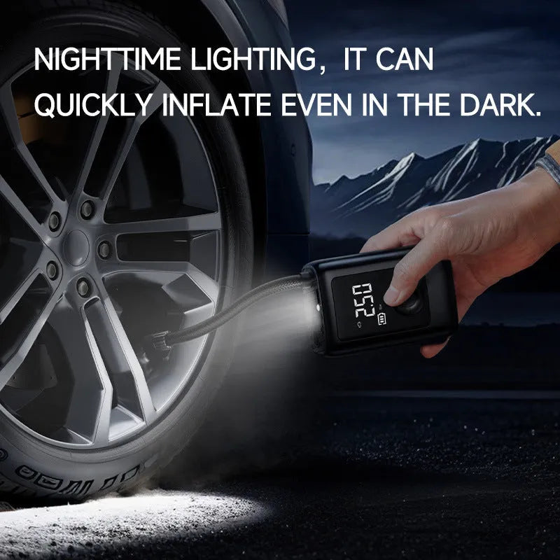 Car portable electric gas filling bag in ABS material with 12V cord, tyre pressure gauge, and LED light on a dark road surface