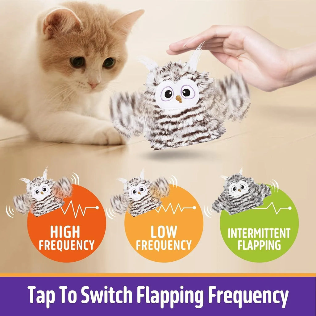 Grey automatic chirping owl cat toy with beating wings and electronic components
