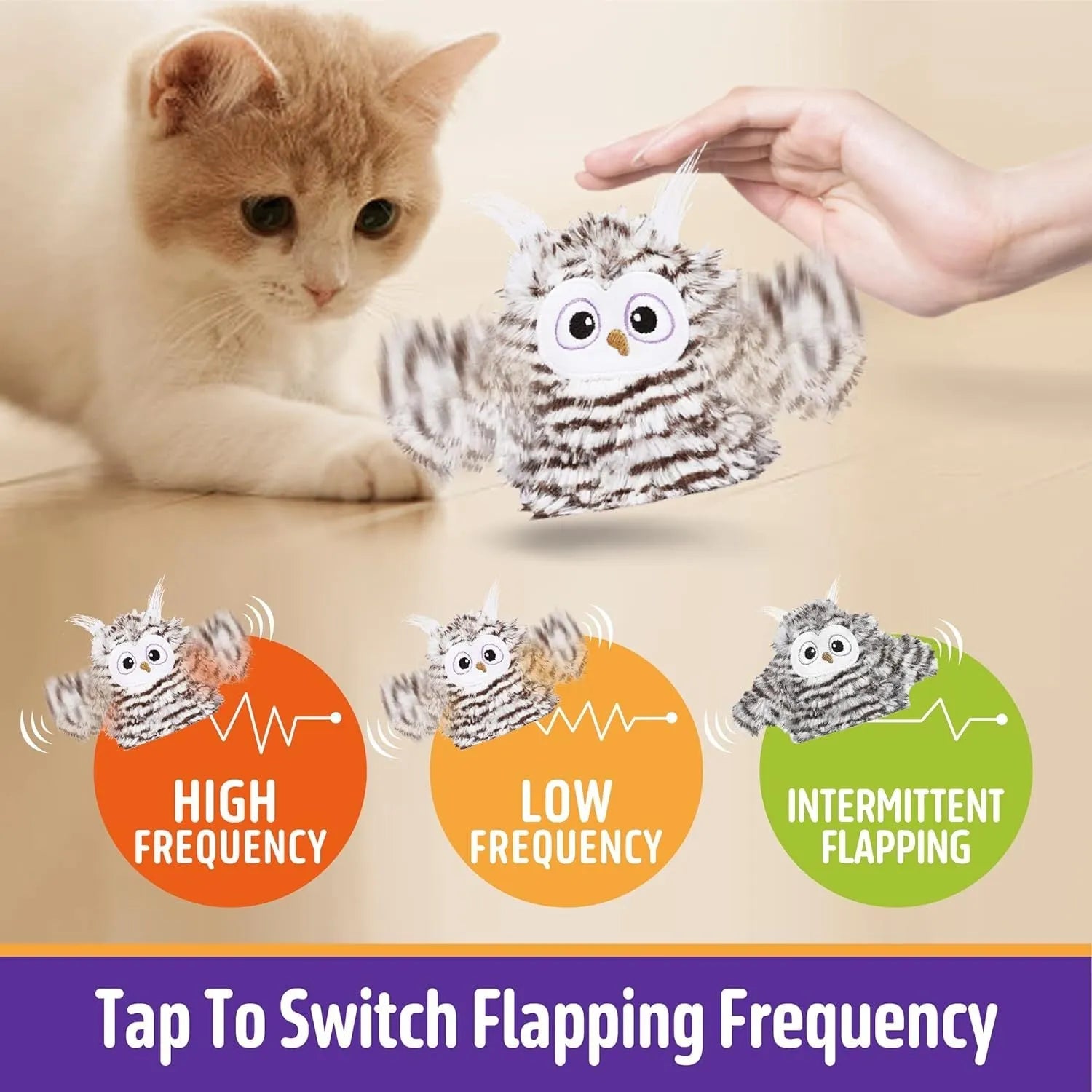 Grey automatic chirping owl cat toy with beating wings and electronic components