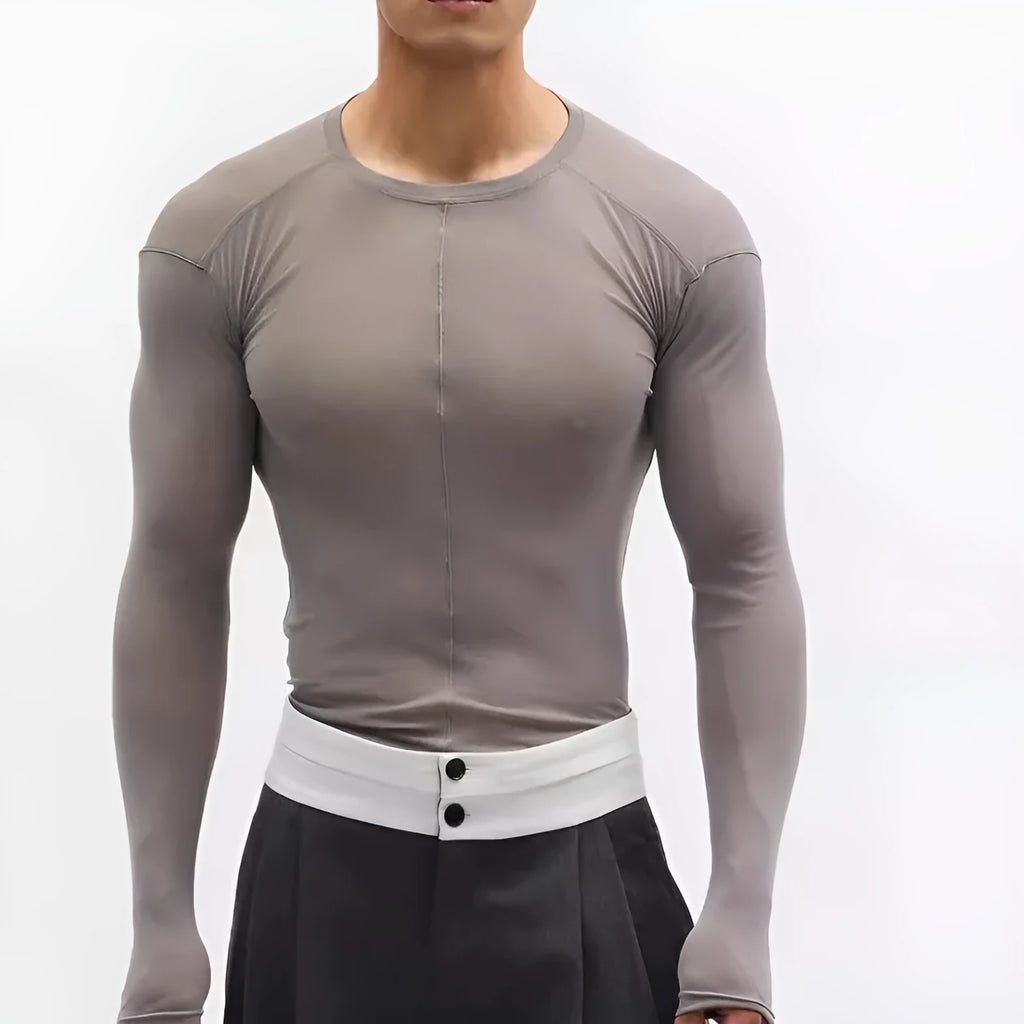 Black mesh see-through texture slim-fit pullover with long sleeves and round collar