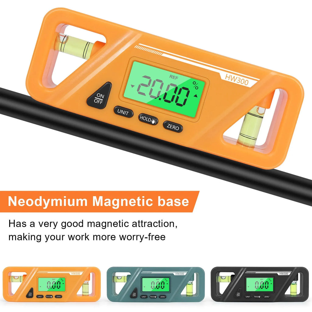 Black digital inclinometer level meter with magnetic base, showing angle reading on LCD display.