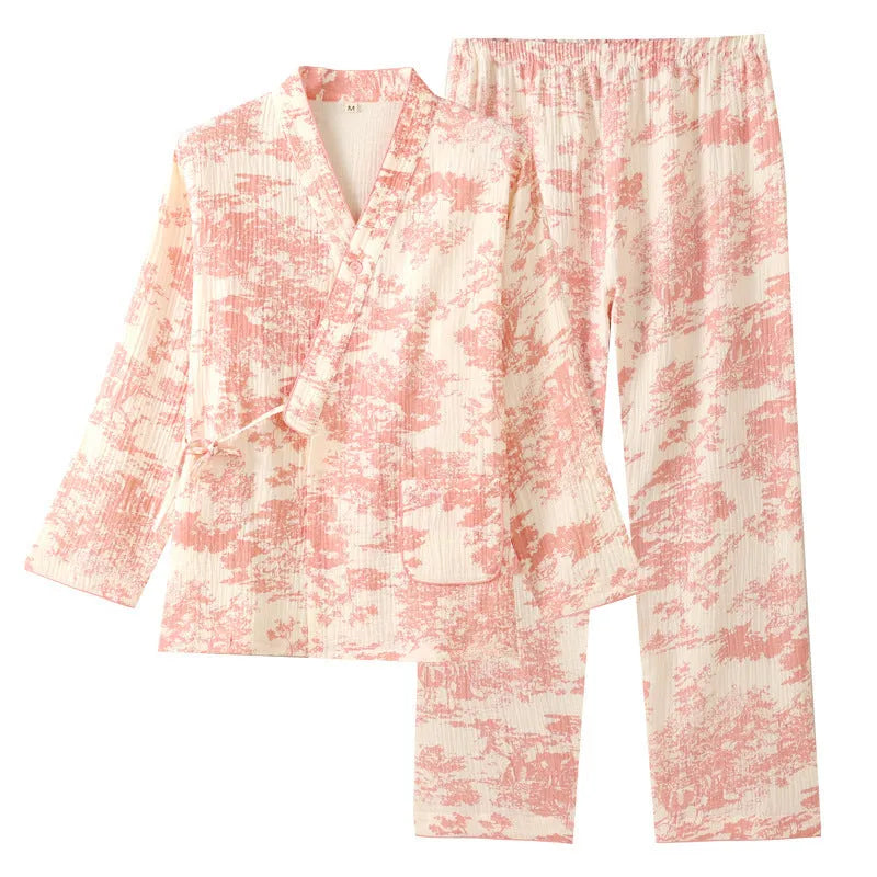 Women's pink frosted pine tree cotton gauze loungewear set with lace-up long-sleeve top and trousers